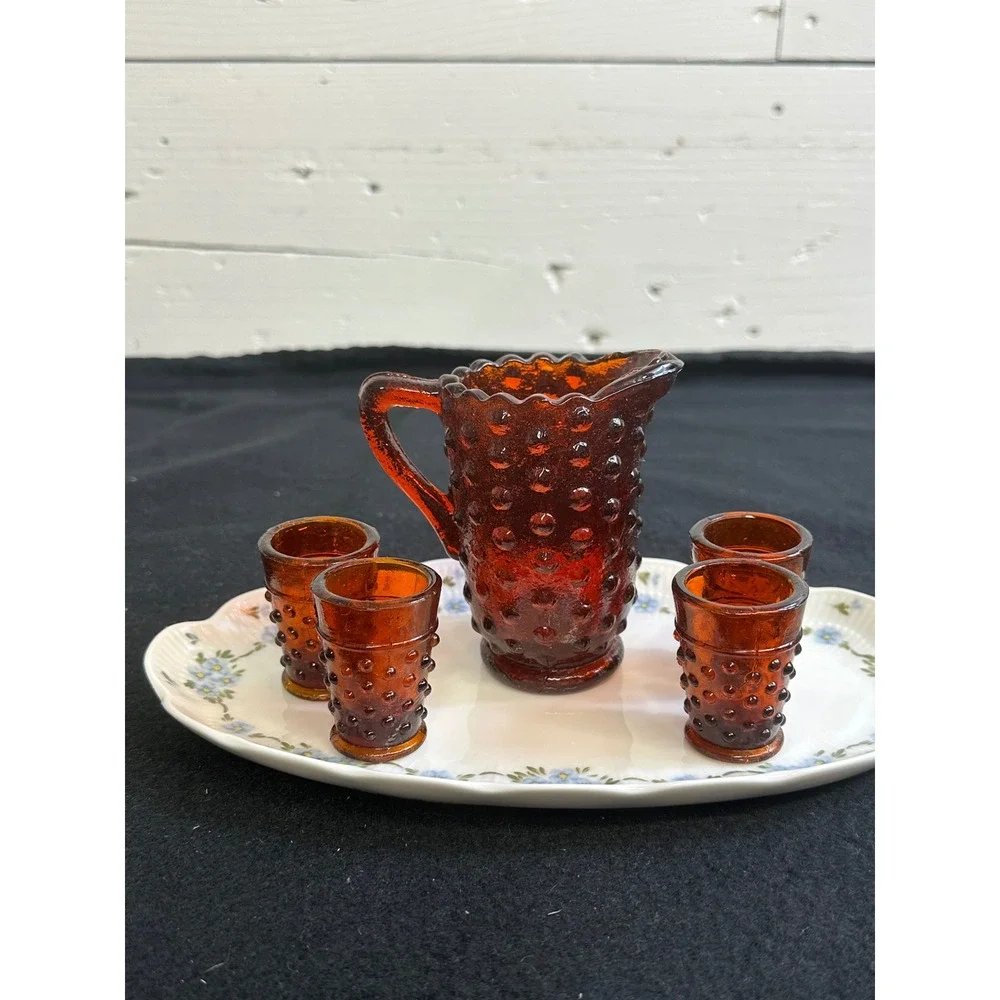 Amber Hobnail Glass Miniature Pitcher and 4 Shot Glasses Set Mid Century